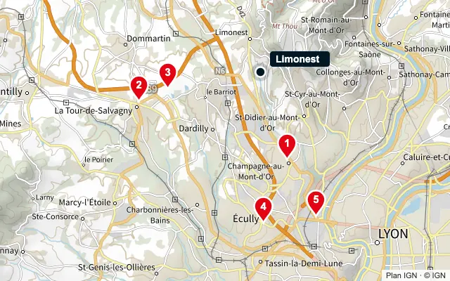 Carte : Limonest et les 5 agences de la liste, numérotées de 1 à 5