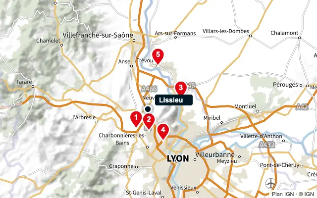 Carte : Lissieu et les 5 agences de la liste, numérotées de 1 à 5