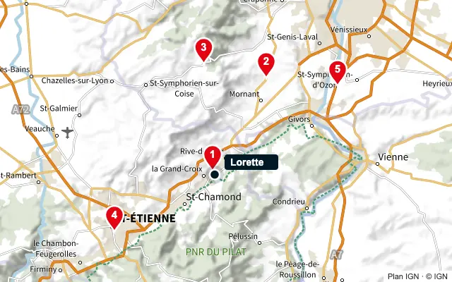 Carte : Lorette et les 5 agences de la liste, numérotées de 1 à 5