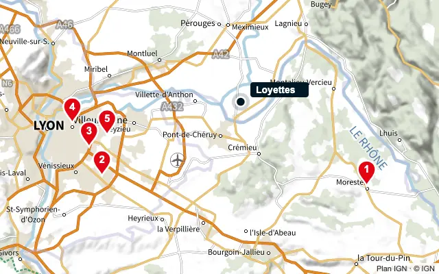 Carte : Loyettes et les 5 agences de la liste, numérotées de 1 à 5