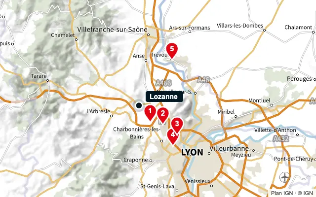 Carte : Lozanne et les 5 agences de la liste, numérotées de 1 à 5
