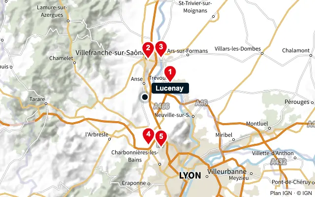 Carte : Lucenay et les 5 agences de la liste, numérotées de 1 à 5