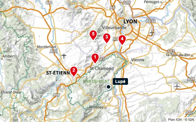 Carte : Lupé et les 5 agences de la liste, numérotées de 1 à 5
