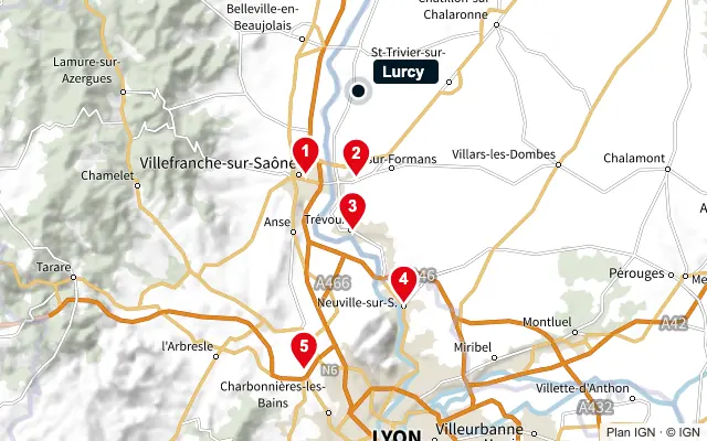 Carte : Lurcy et les 5 agences de la liste, numérotées de 1 à 5