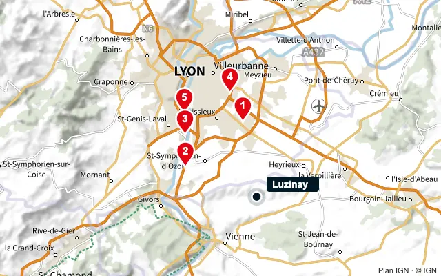 Carte : Luzinay et les 5 agences de la liste, numérotées de 1 à 5