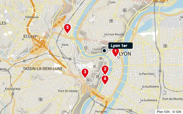 Carte : Lyon 1er et les 5 agences de la liste, numérotées de 1 à 5