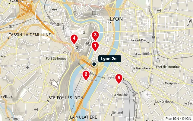 Carte : Lyon 2e et les 5 agences de la liste, numérotées de 1 à 5