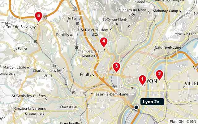 Carte : Lyon 2e et les 5 agences de la liste, numérotées de 1 à 5