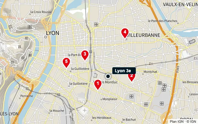 Carte : Lyon 3e et les 5 agences de la liste, numérotées de 1 à 5