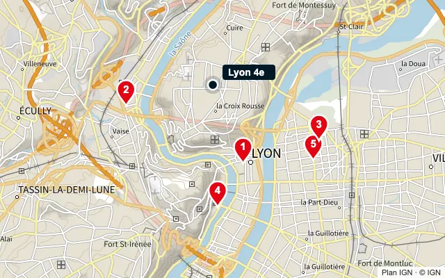 Carte : Lyon 4e et les 5 agences de la liste, numérotées de 1 à 5