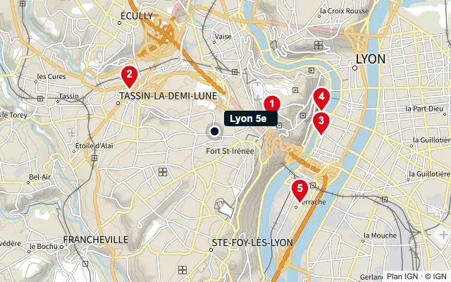 Carte : Lyon 5e et les 5 agences de la liste, numérotées de 1 à 5