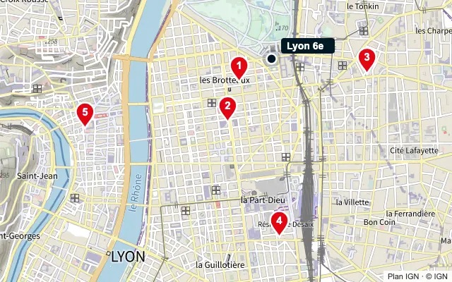 Carte : Lyon 6e et les 5 agences de la liste, numérotées de 1 à 5