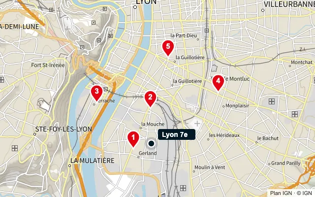 Carte : Lyon 7e et les 5 agences de la liste, numérotées de 1 à 5