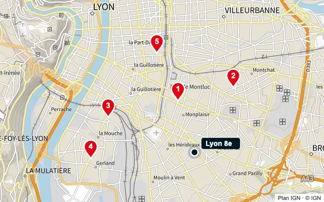 Carte : Lyon 8e et les 5 agences de la liste, numérotées de 1 à 5