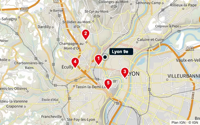 Carte : Lyon 9e et les 5 agences de la liste, numérotées de 1 à 5