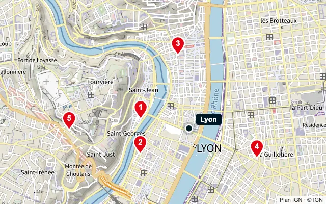 Carte : Lyon et les 5 agences de la liste, numérotées de 1 à 5