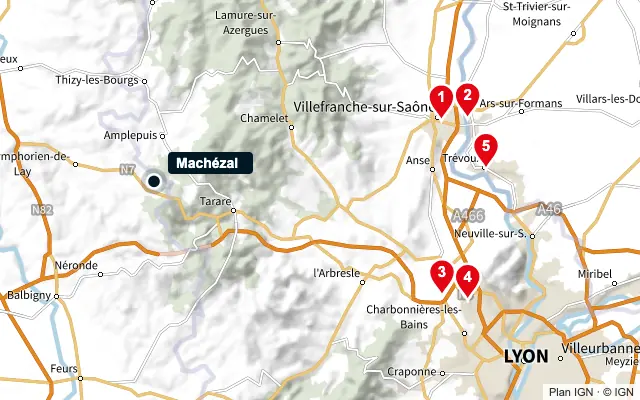 Carte : Machézal et les 5 agences de la liste, numérotées de 1 à 5