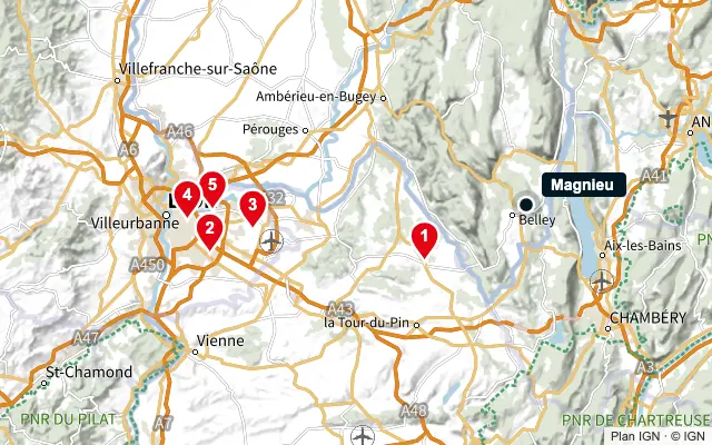 Carte : Magnieu et les 5 agences de la liste, numérotées de 1 à 5