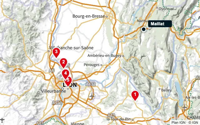 Carte : Maillat et les 5 agences de la liste, numérotées de 1 à 5