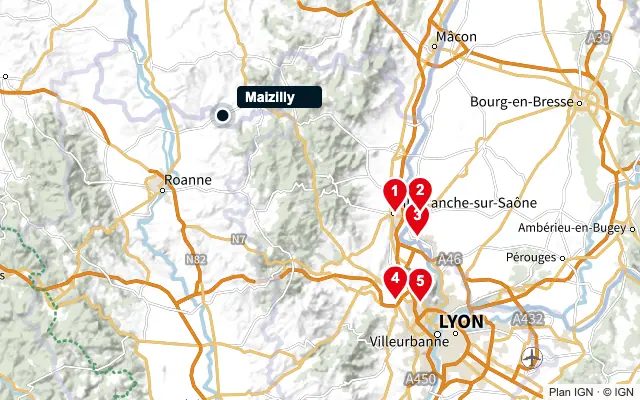 Carte : Maizilly et les 5 agences de la liste, numérotées de 1 à 5