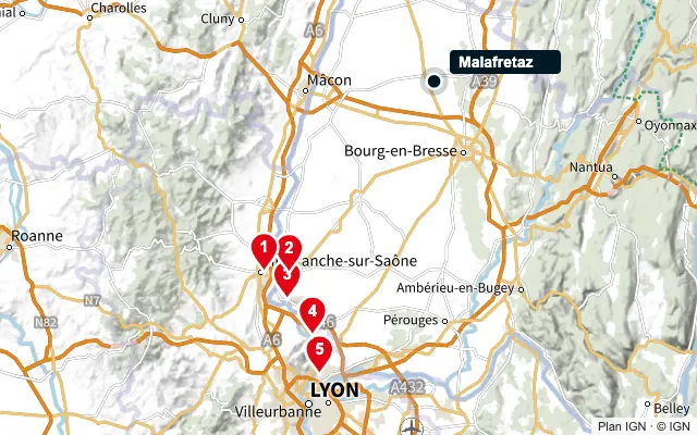Carte : Malafretaz et les 5 agences de la liste, numérotées de 1 à 5