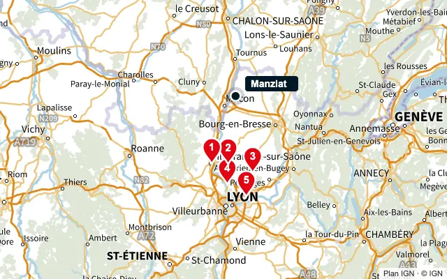 Carte : Manziat et les 5 agences de la liste, numérotées de 1 à 5