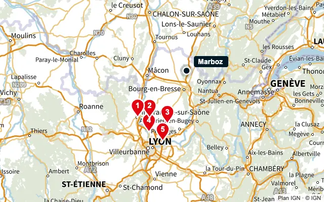 Carte : Marboz et les 5 agences de la liste, numérotées de 1 à 5