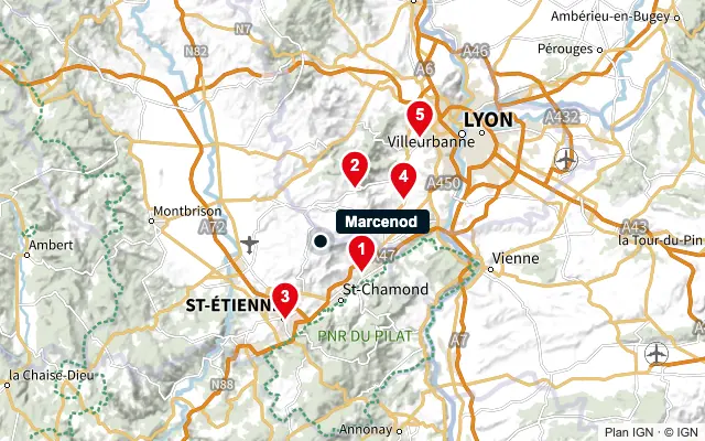 Carte : Marcenod et les 5 agences de la liste, numérotées de 1 à 5