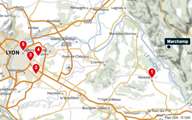 Carte : Marchamp et les 5 agences de la liste, numérotées de 1 à 5