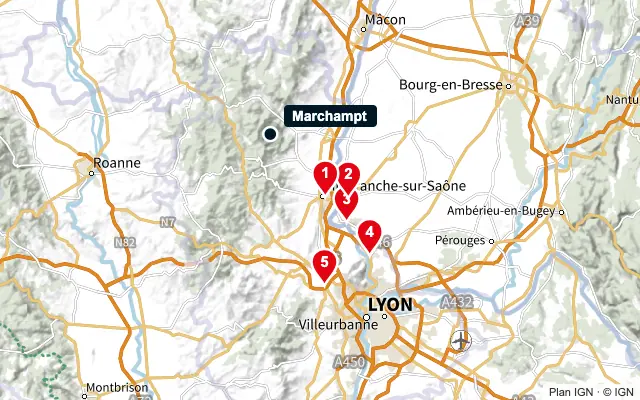 Carte : Marchampt et les 5 agences de la liste, numérotées de 1 à 5