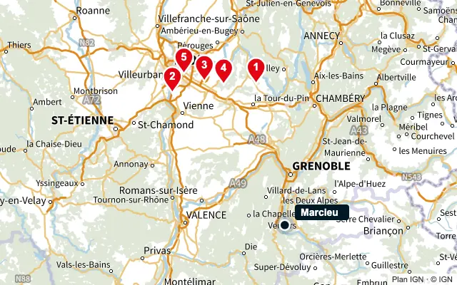 Carte : Marcieu et les 5 agences de la liste, numérotées de 1 à 5