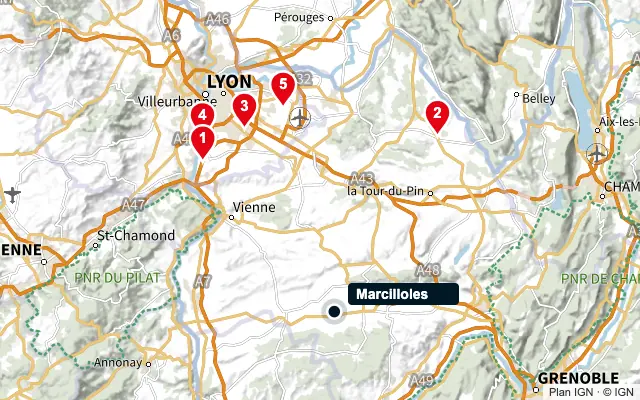 Carte : Marcilloles et les 5 agences de la liste, numérotées de 1 à 5