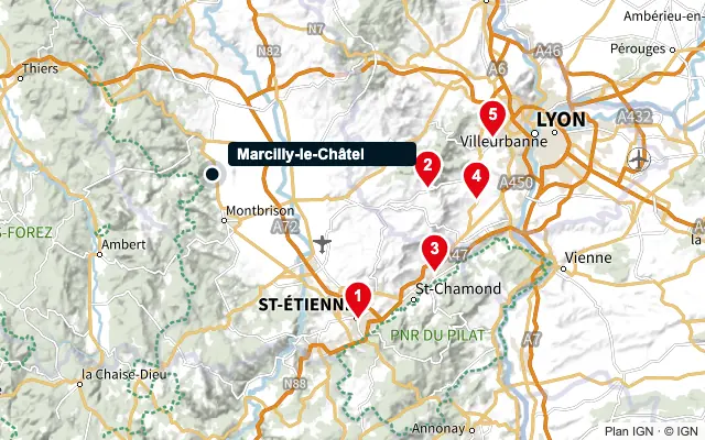 Carte : Marcilly-le-Châtel et les 5 agences de la liste, numérotées de 1 à 5