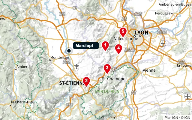 Carte : Marclopt et les 5 agences de la liste, numérotées de 1 à 5