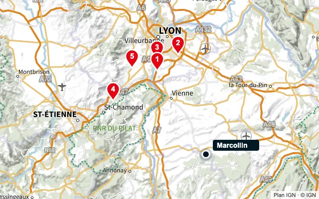 Carte : Marcollin et les 5 agences de la liste, numérotées de 1 à 5