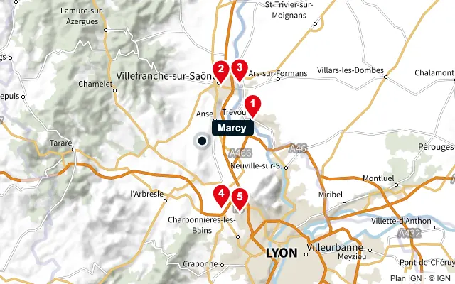 Carte : Marcy et les 5 agences de la liste, numérotées de 1 à 5