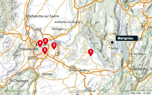 Carte : Marignieu et les 5 agences de la liste, numérotées de 1 à 5