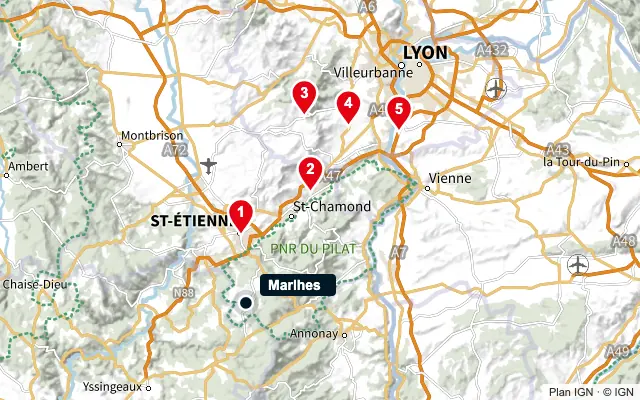 Carte : Marlhes et les 5 agences de la liste, numérotées de 1 à 5