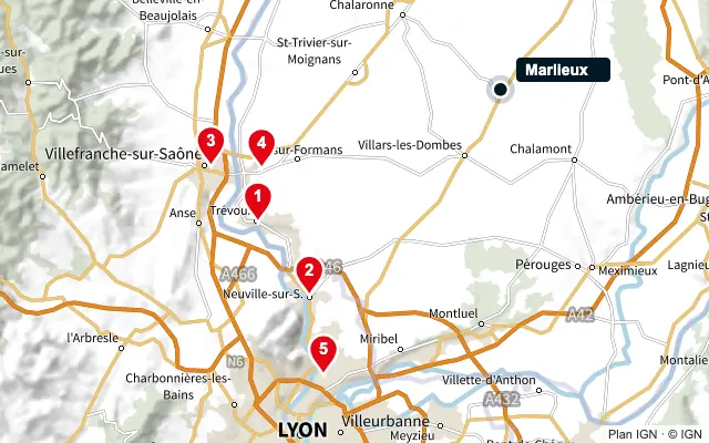 Carte : Marlieux et les 5 agences de la liste, numérotées de 1 à 5