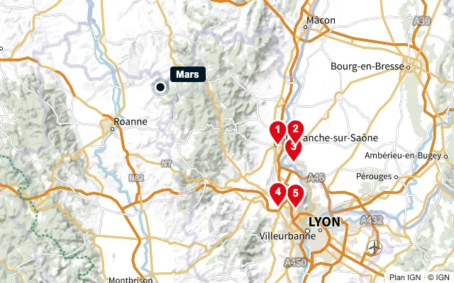 Carte : Mars et les 5 agences de la liste, numérotées de 1 à 5