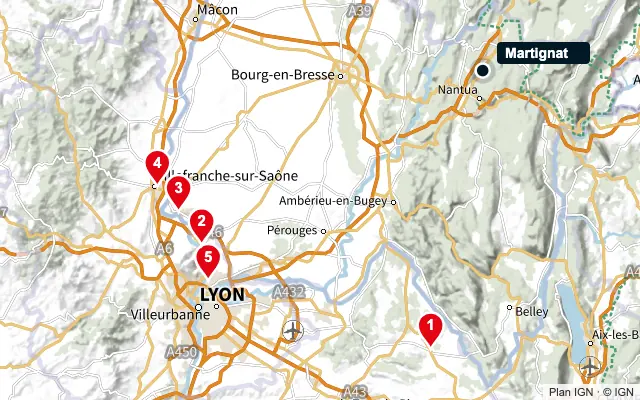 Carte : Martignat et les 5 agences de la liste, numérotées de 1 à 5