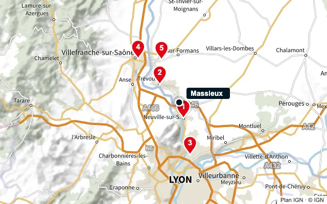 Carte : Massieux et les 5 agences de la liste, numérotées de 1 à 5