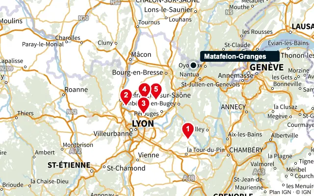 Carte : Matafelon-Granges et les 5 agences de la liste, numérotées de 1 à 5