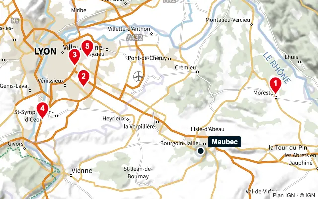 Carte : Maubec et les 5 agences de la liste, numérotées de 1 à 5