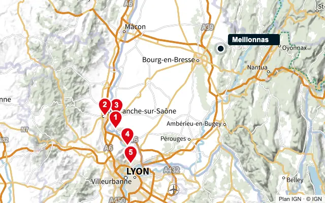 Carte : Meillonnas et les 5 agences de la liste, numérotées de 1 à 5