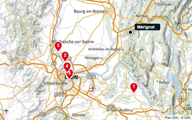 Carte : Mérignat et les 5 agences de la liste, numérotées de 1 à 5
