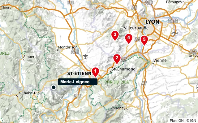 Carte : Merle-Leignec et les 5 agences de la liste, numérotées de 1 à 5