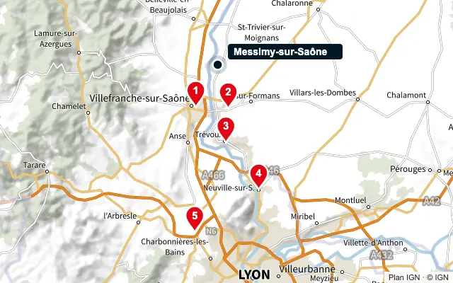 Carte : Messimy-sur-Saône et les 5 agences de la liste, numérotées de 1 à 5