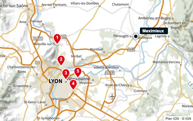 Carte : Meximieux et les 5 agences de la liste, numérotées de 1 à 5