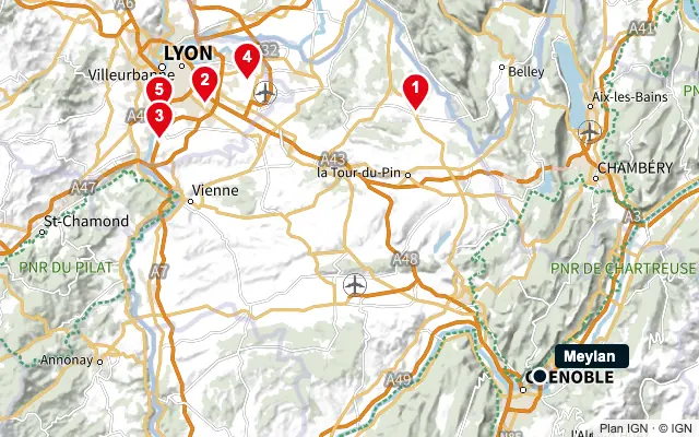 Carte : Meylan et les 5 agences de la liste, numérotées de 1 à 5